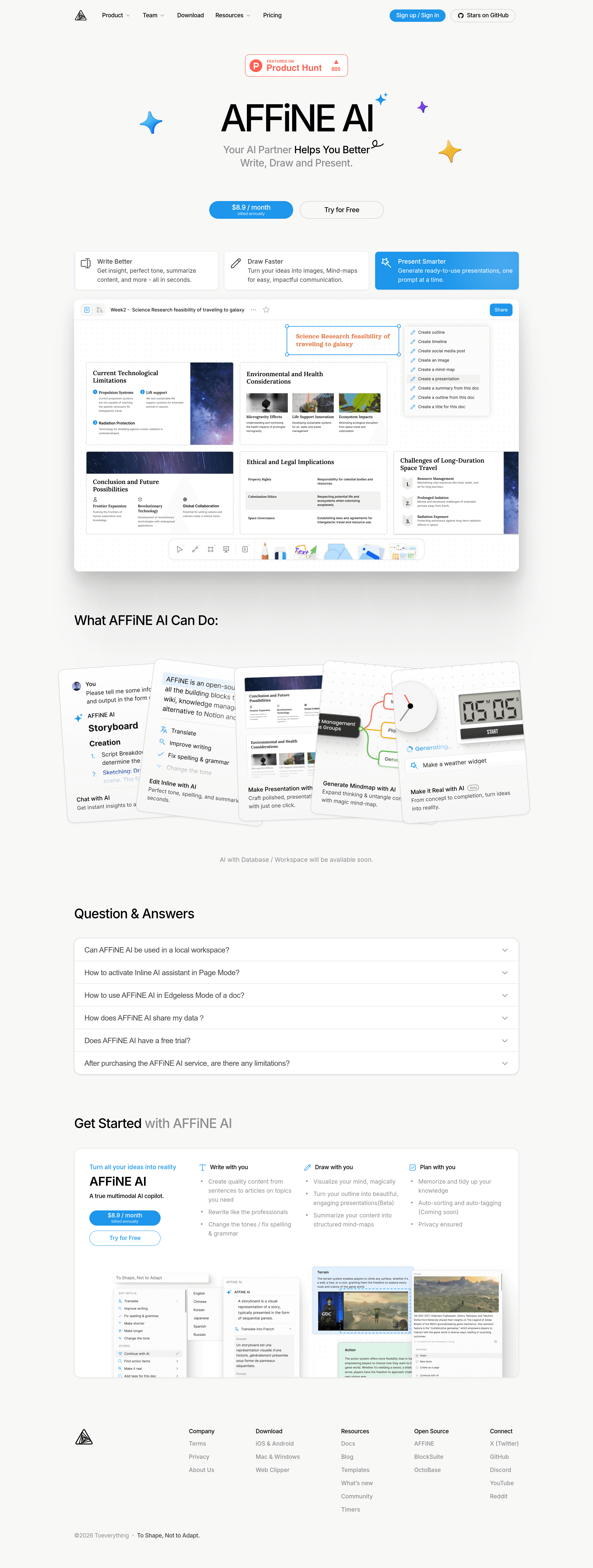 AFFiNE AI landing page screenshot
