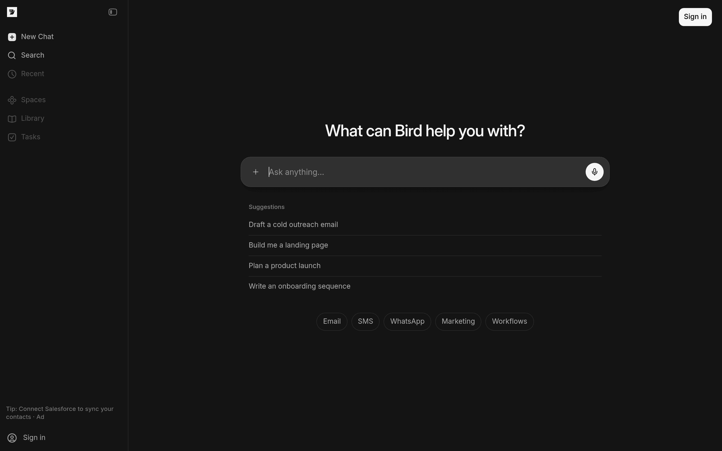 Bird landing page screenshot