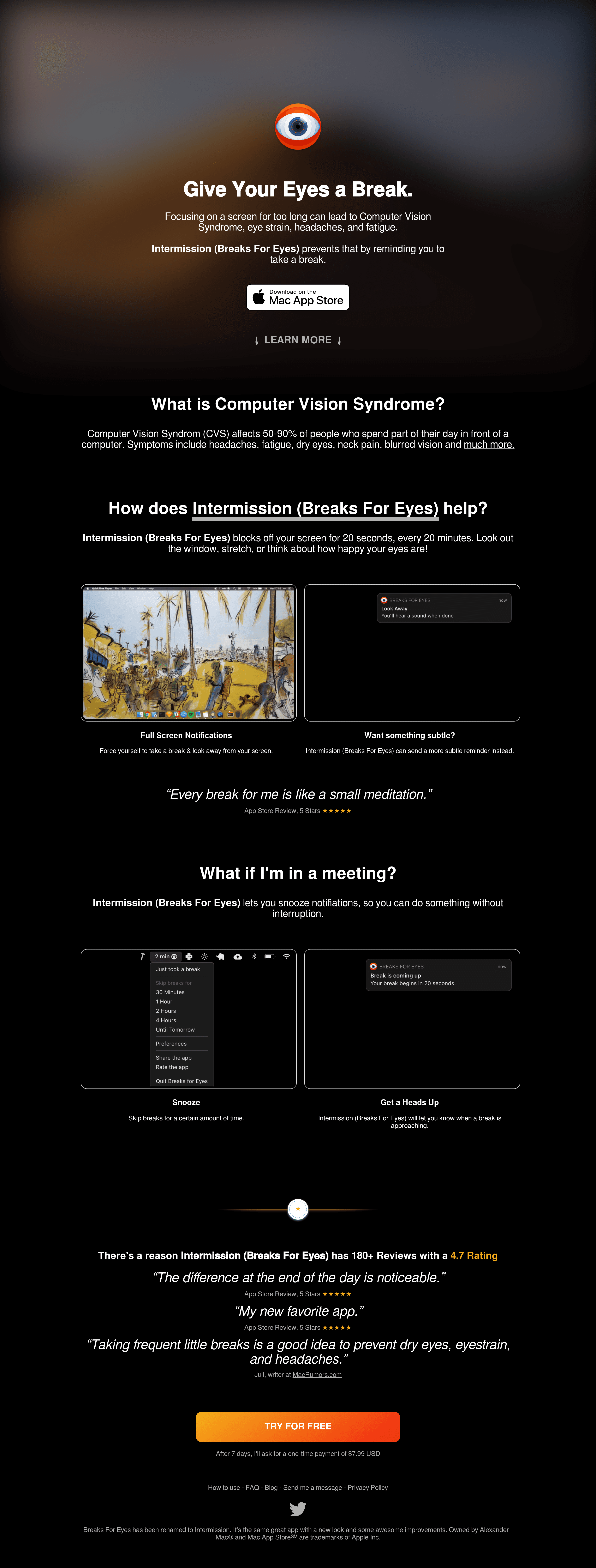 Breaksforeyes landing page screenshot