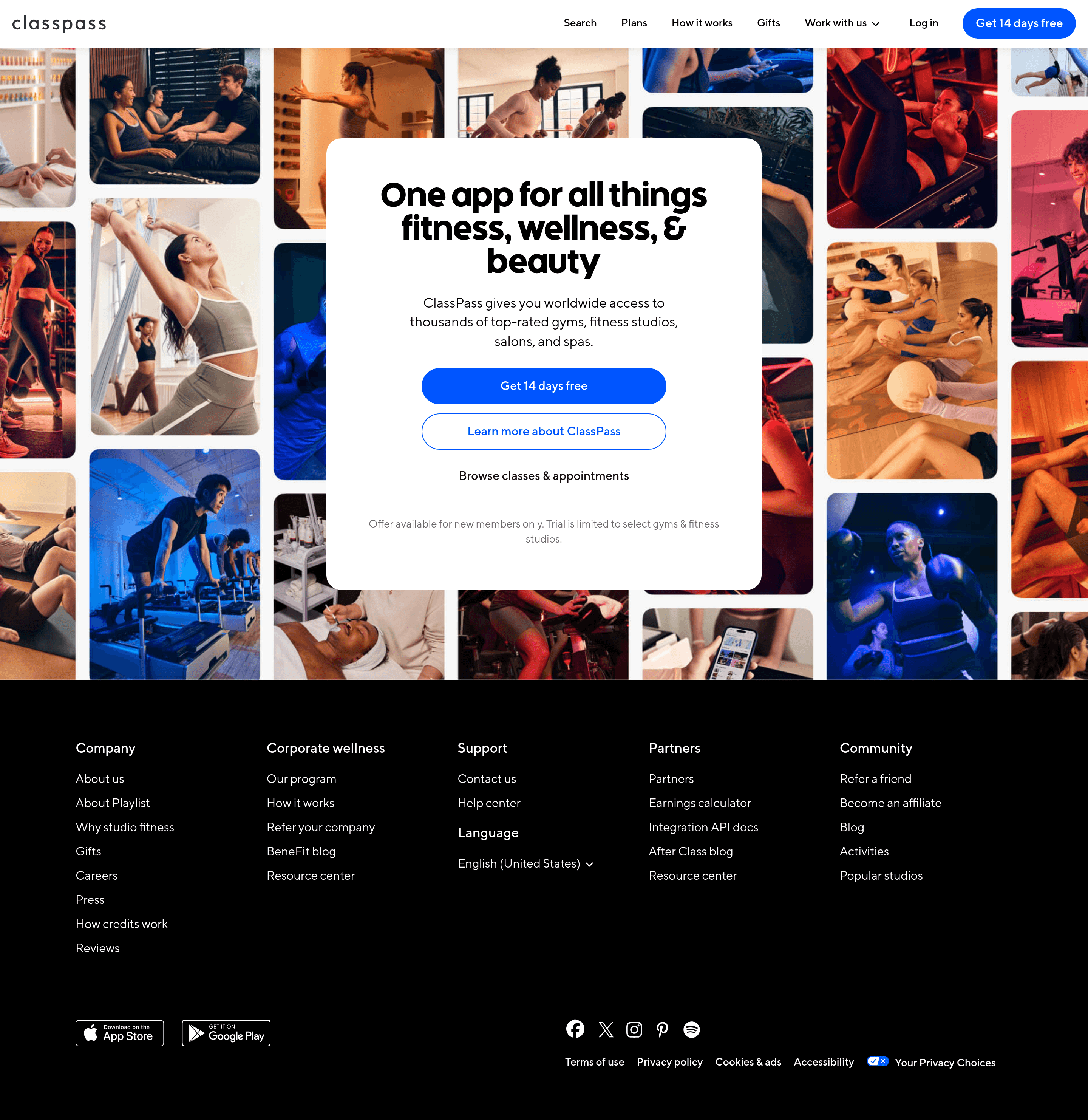 ClassPass landing page screenshot
