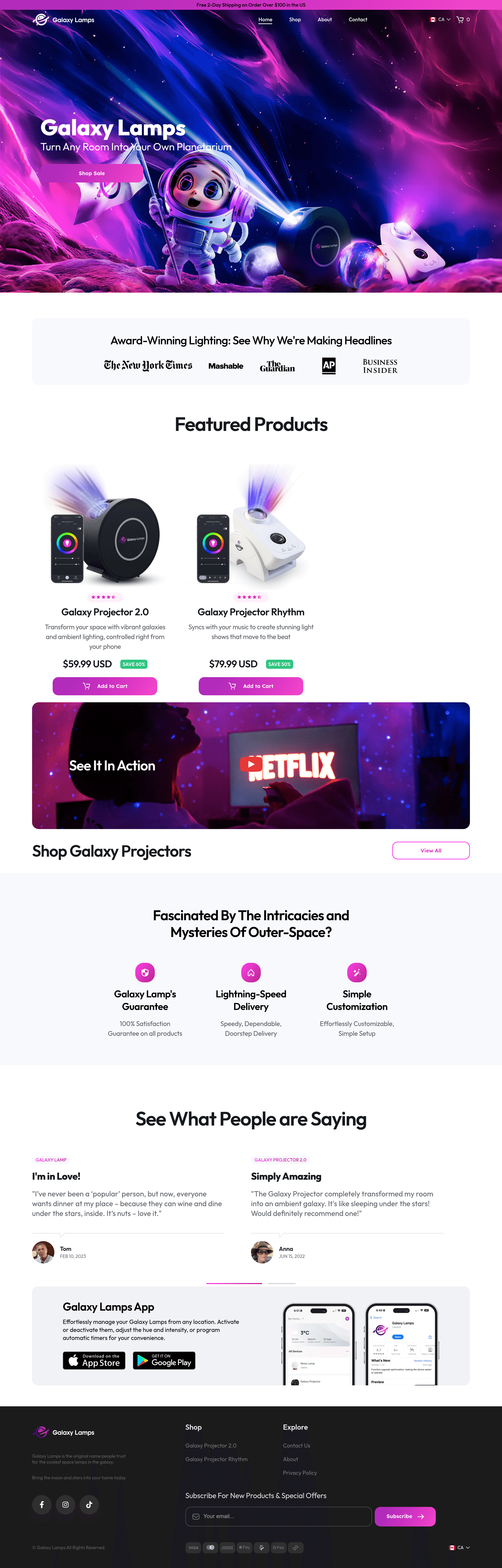 Galaxy Lamps landing page screenshot