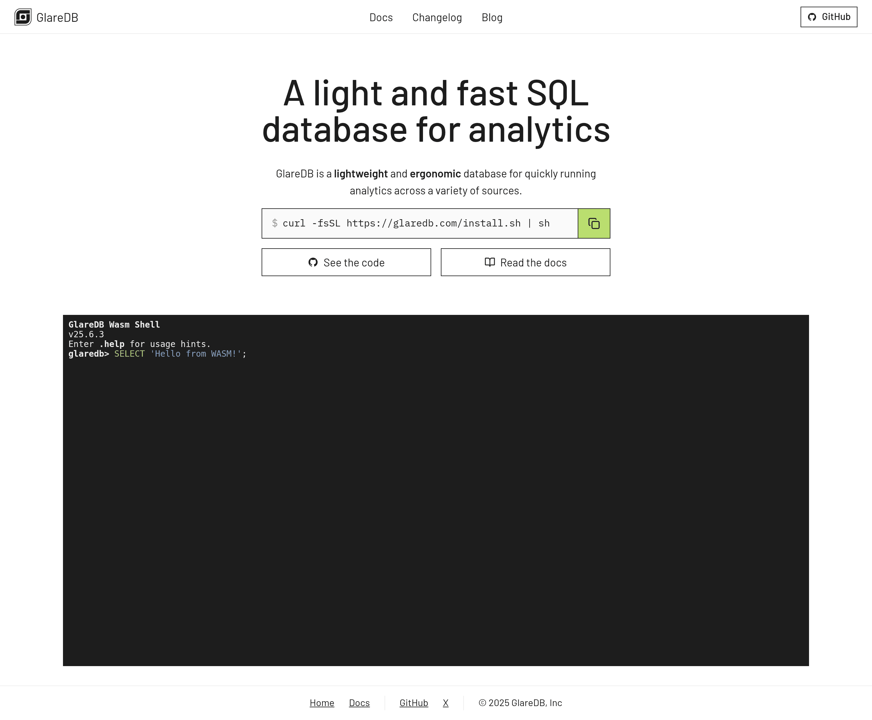 GlareDB landing page screenshot