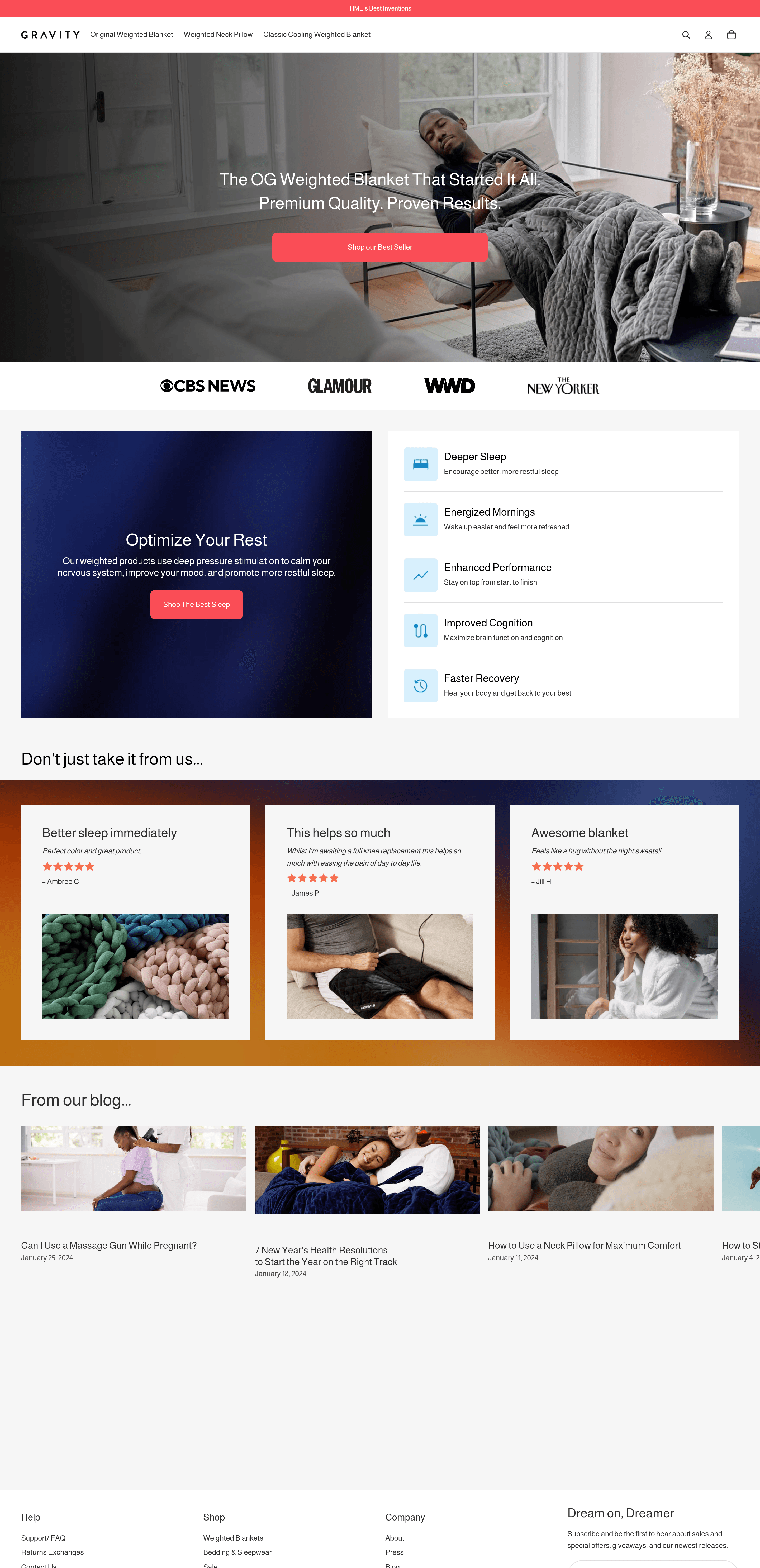 Gravity Blankets landing page screenshot