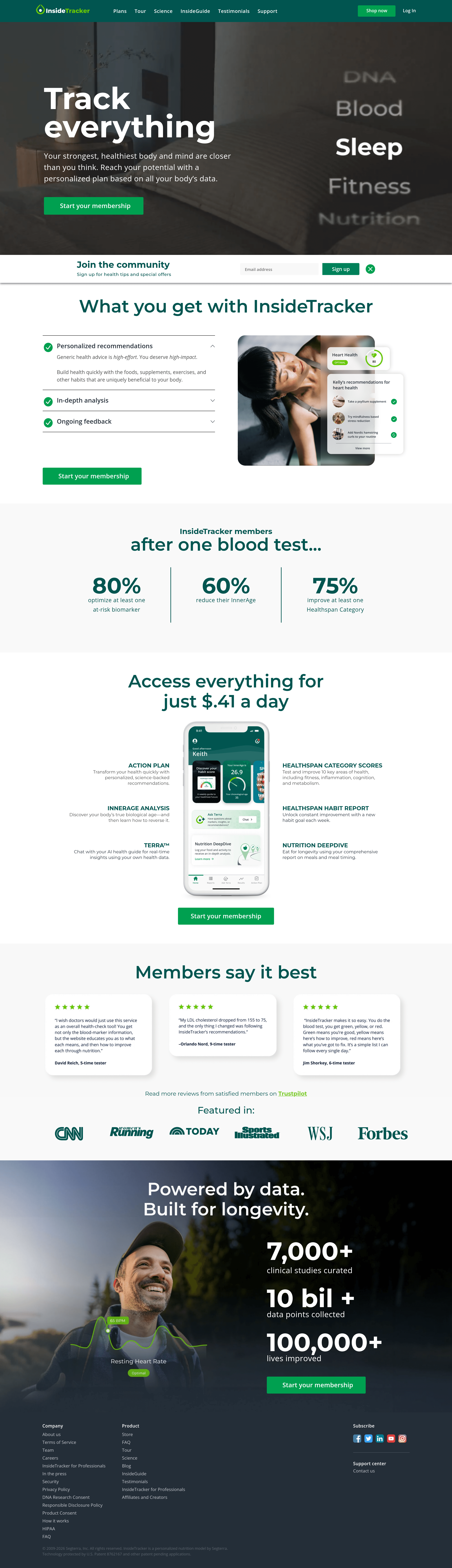 InsideTracker landing page screenshot