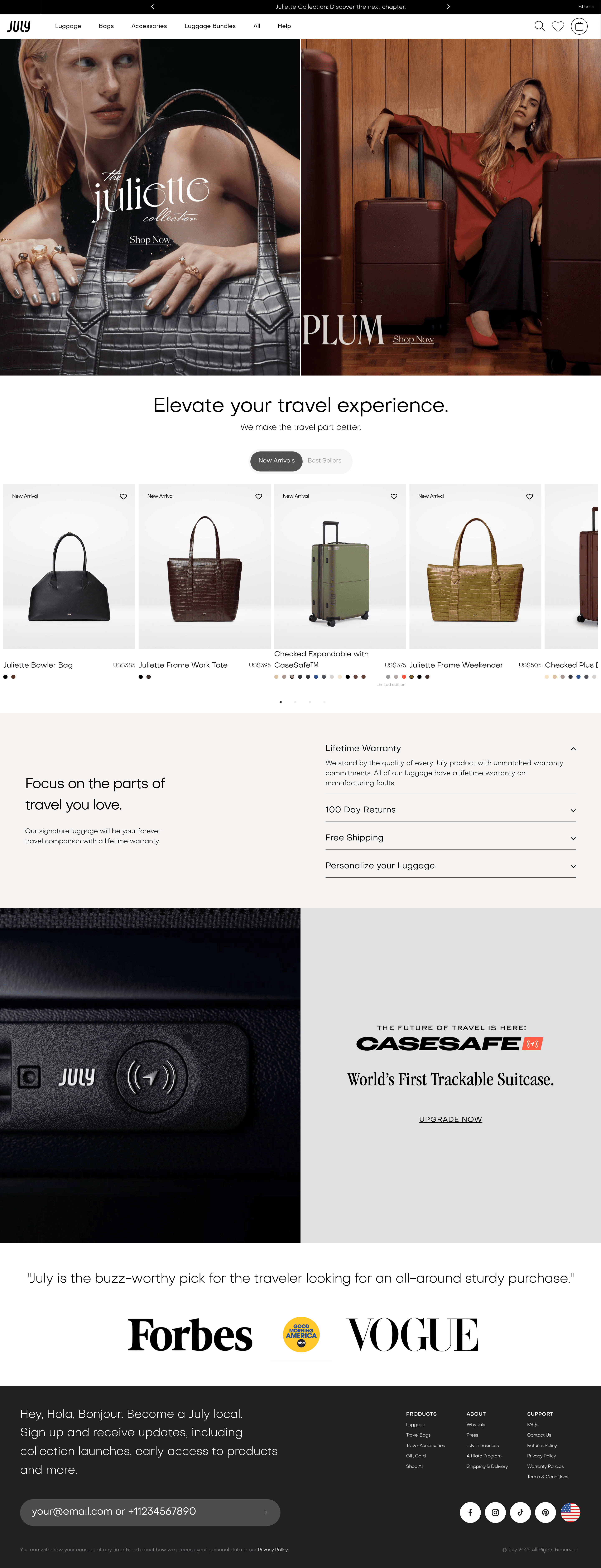 July Luggage landing page screenshot