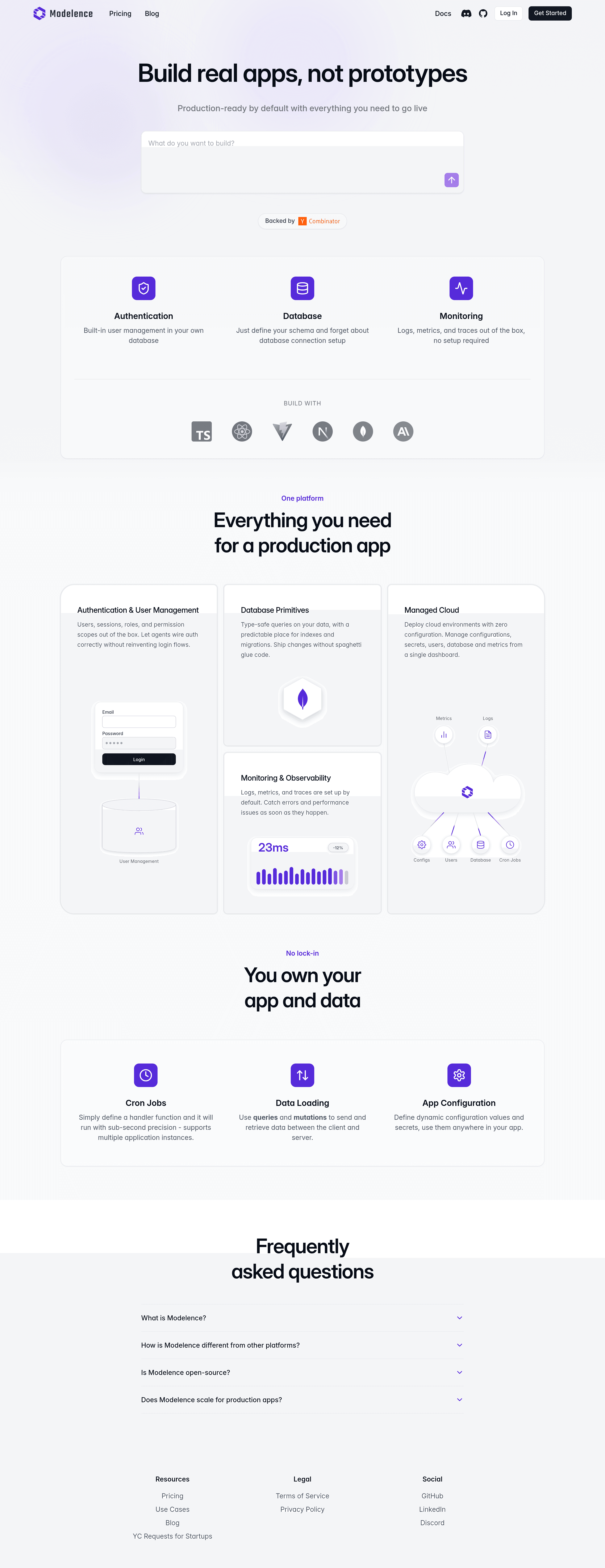 Modelence landing page screenshot