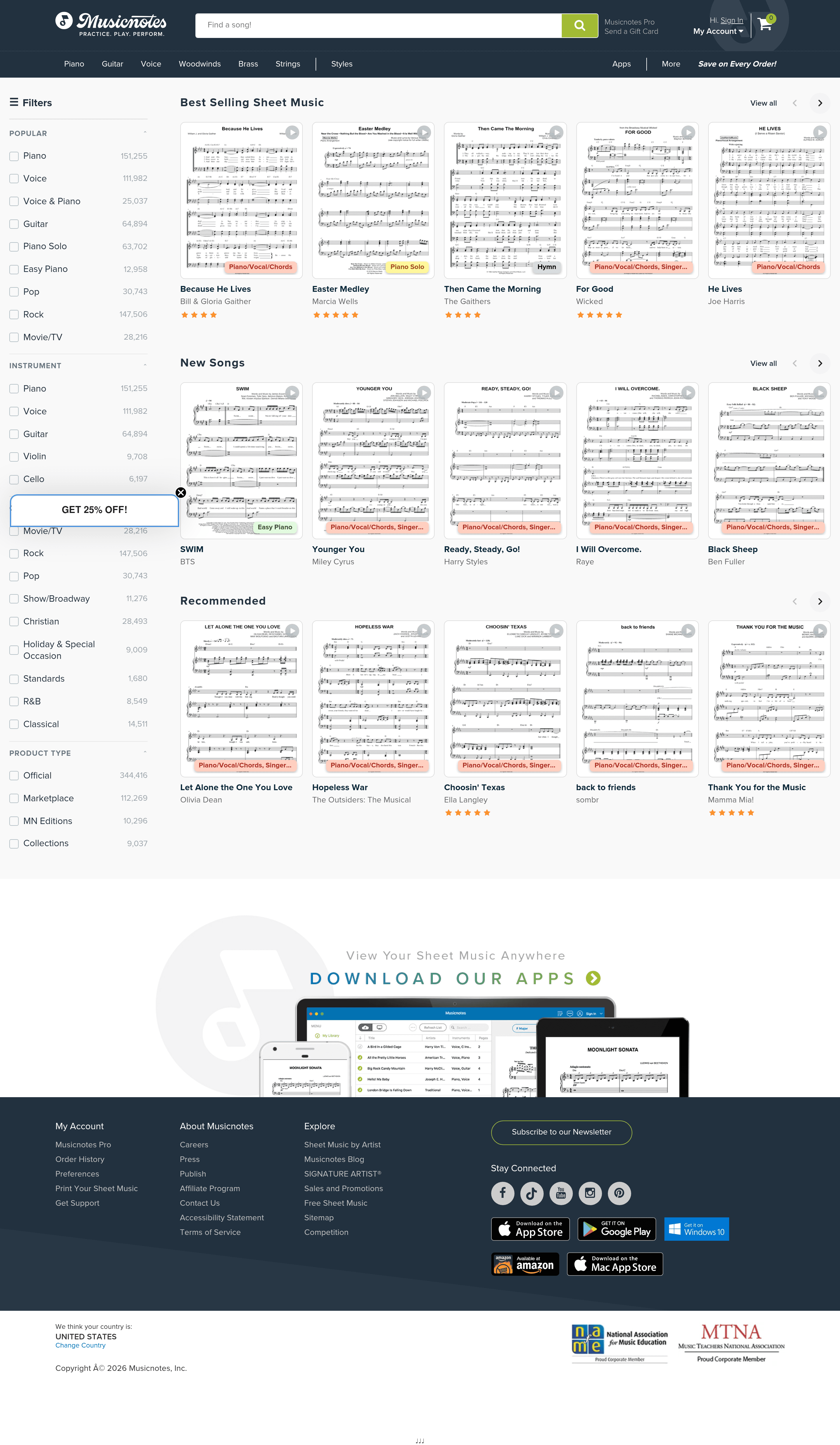 Musicnotes landing page screenshot