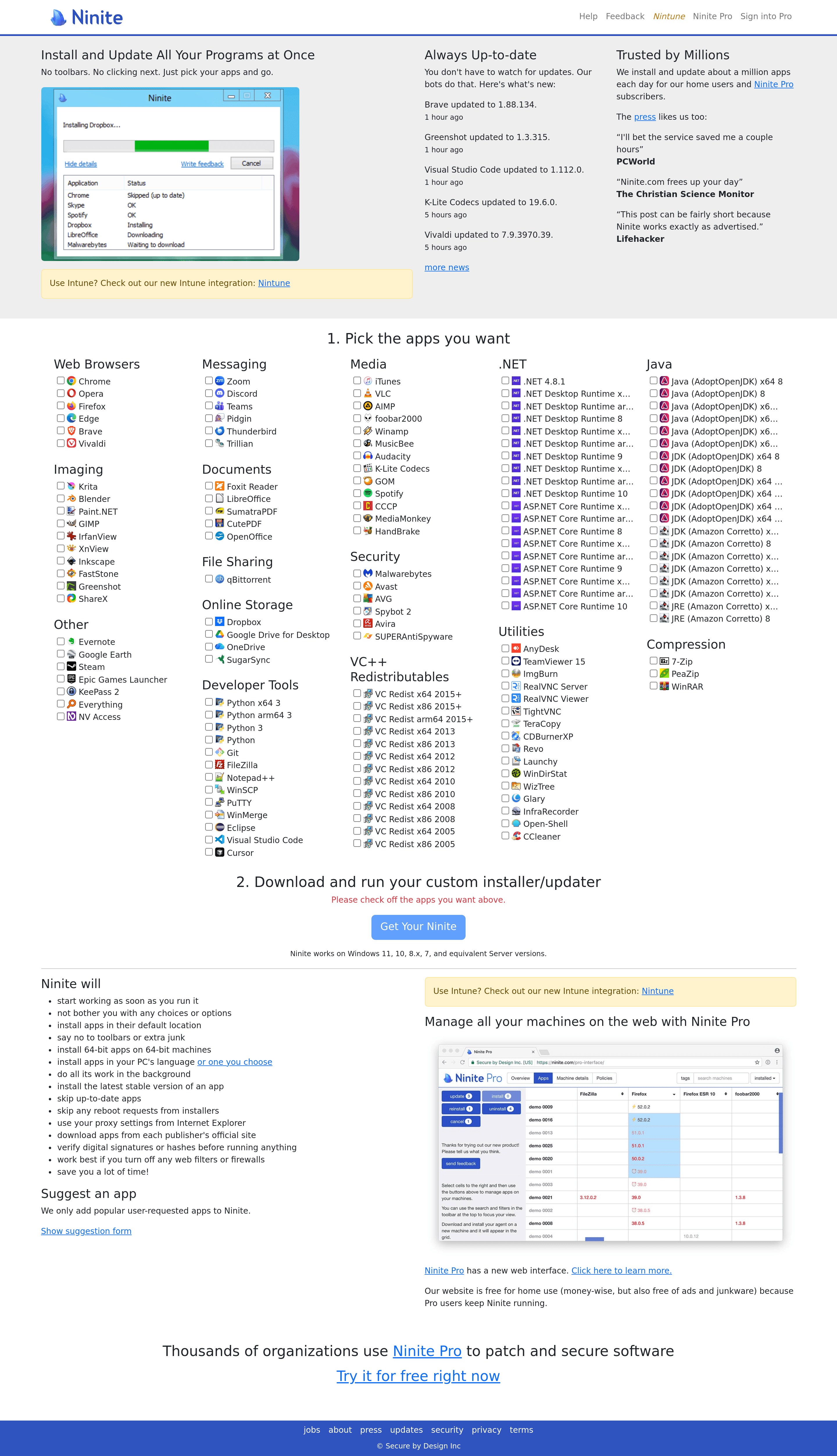 Ninite landing page screenshot
