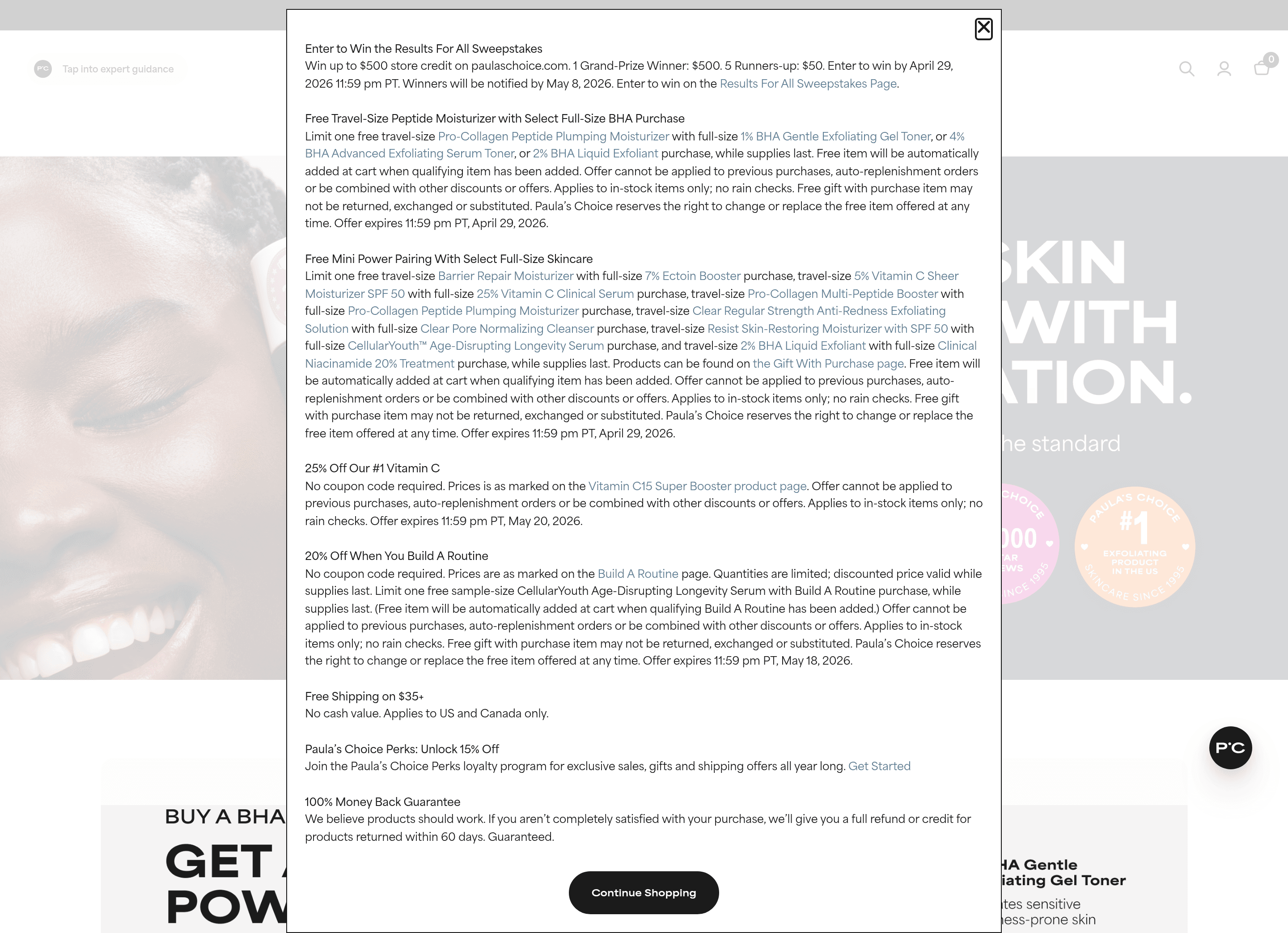 Paula's Choice landing page screenshot