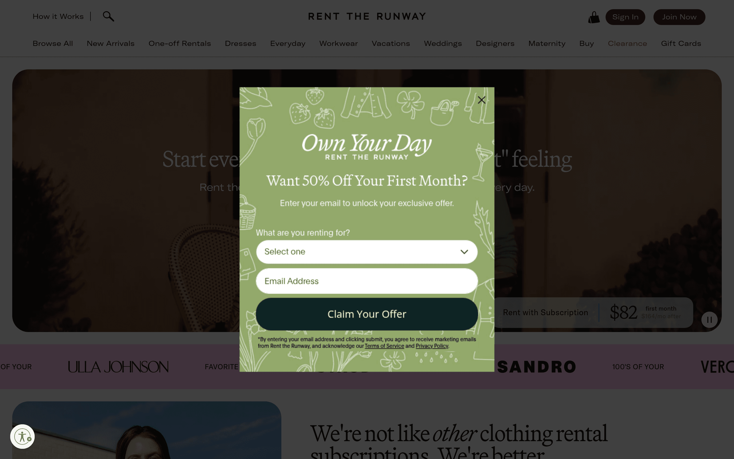 Rent the Runway landing page screenshot