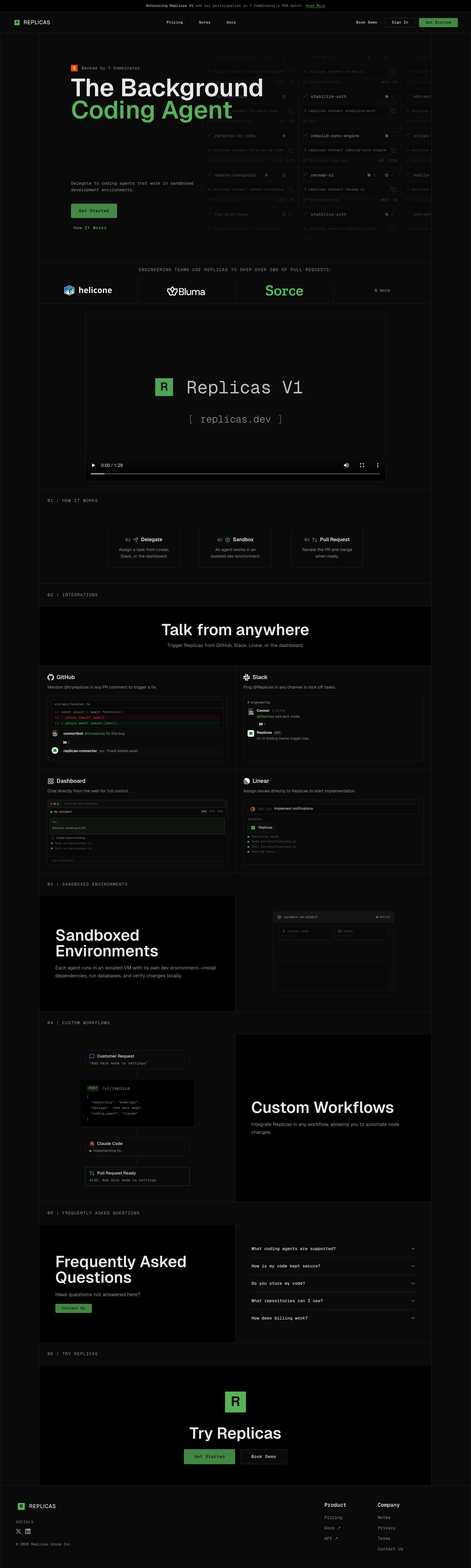Replicas landing page screenshot