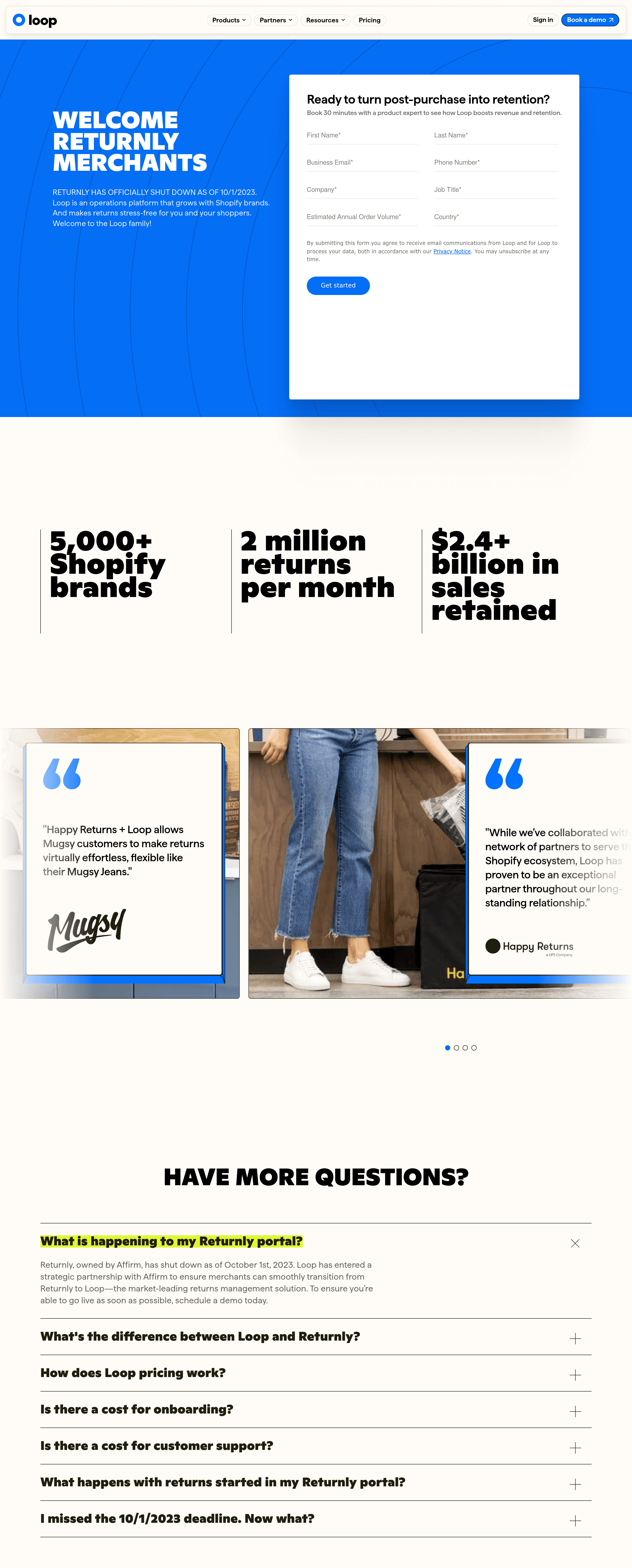 Returnly landing page screenshot