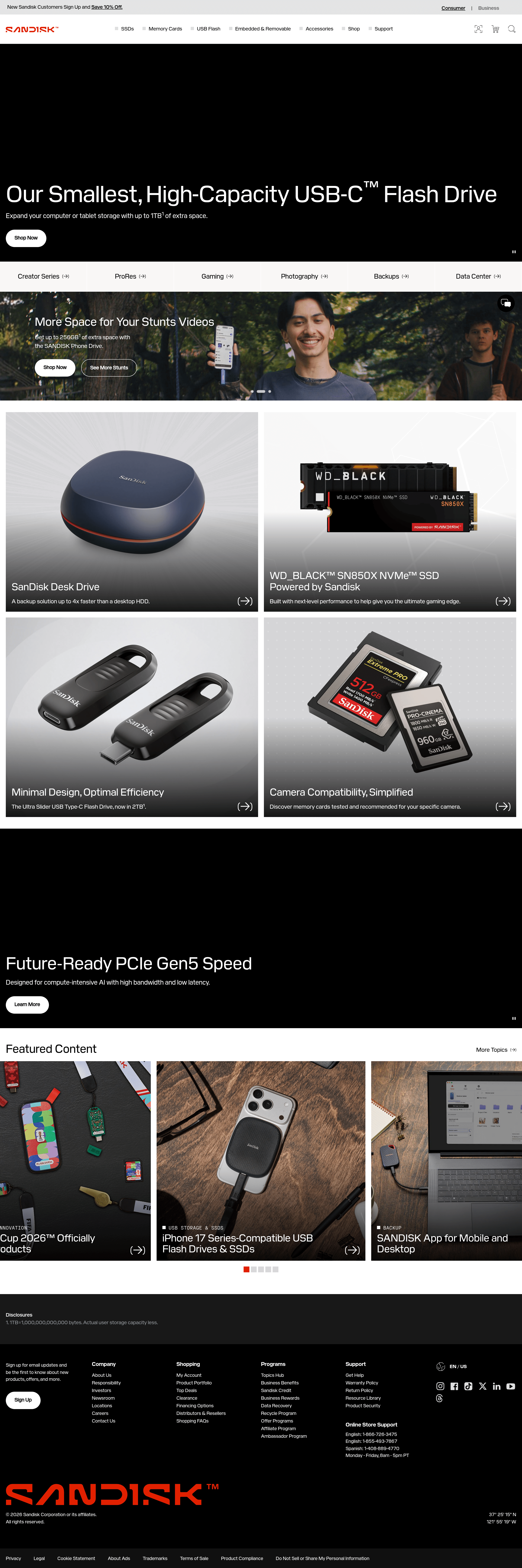 Sandisk Website Design landing page screenshot