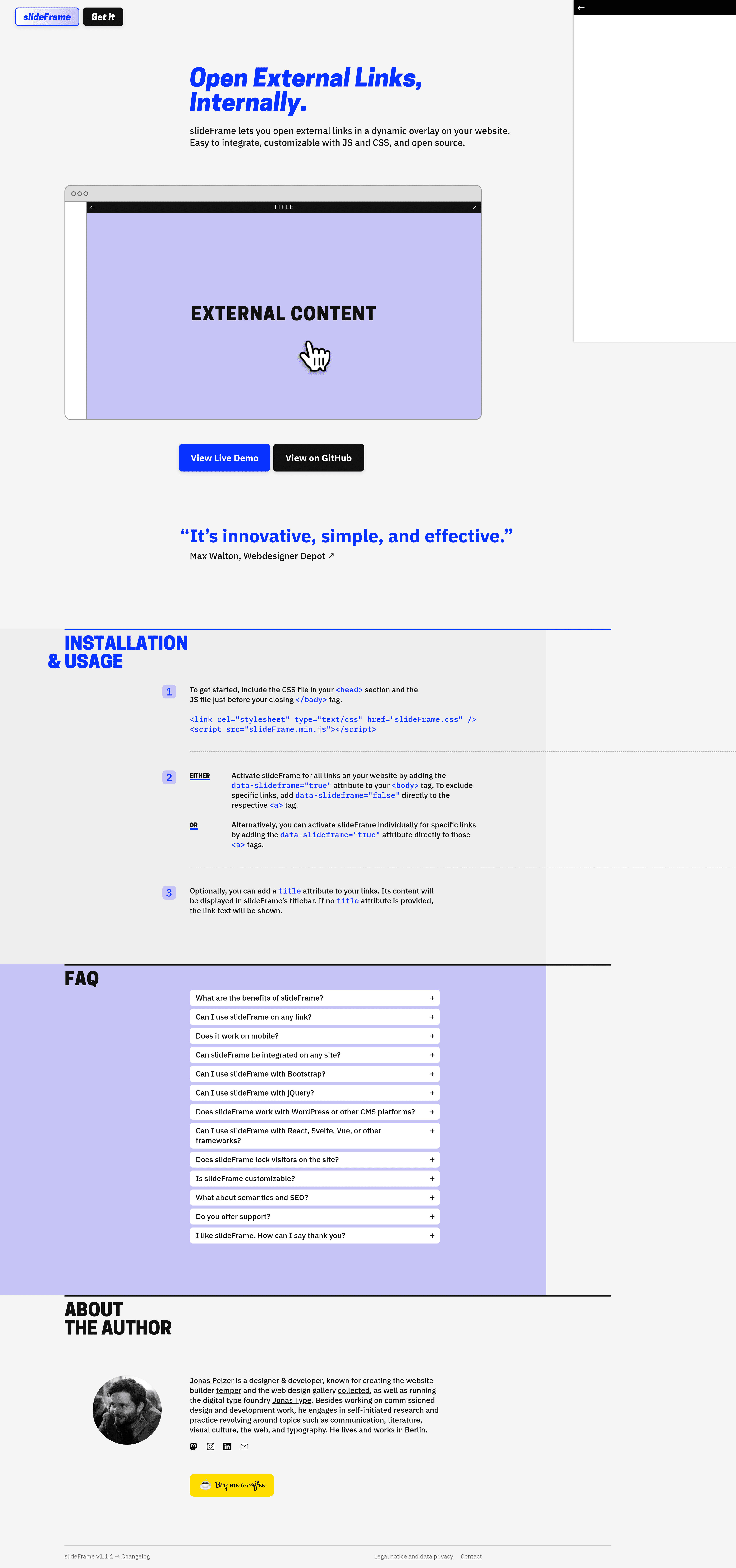 slideFrame landing page screenshot