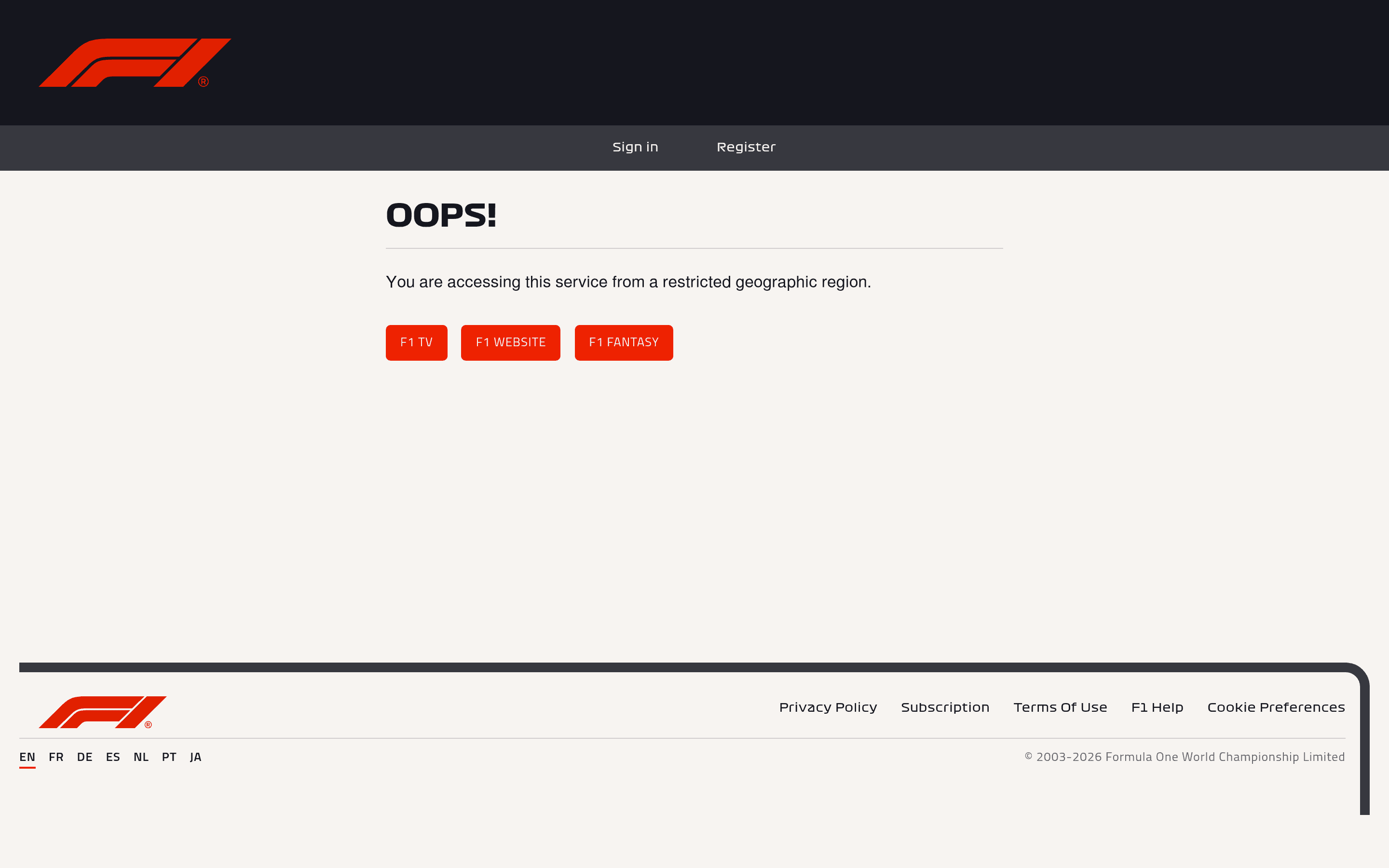 Stream Formula 1 landing page screenshot