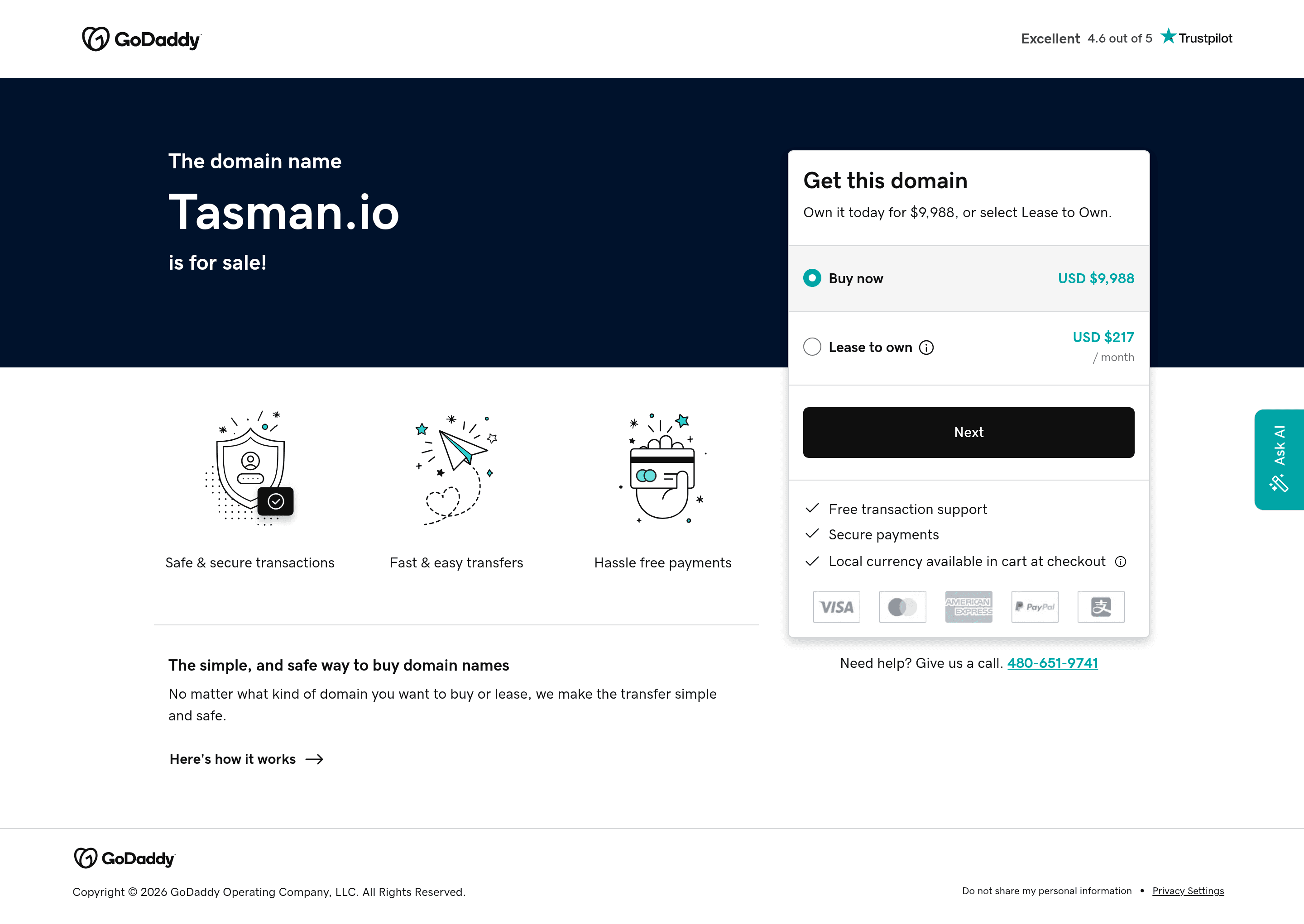 Tasman landing page screenshot