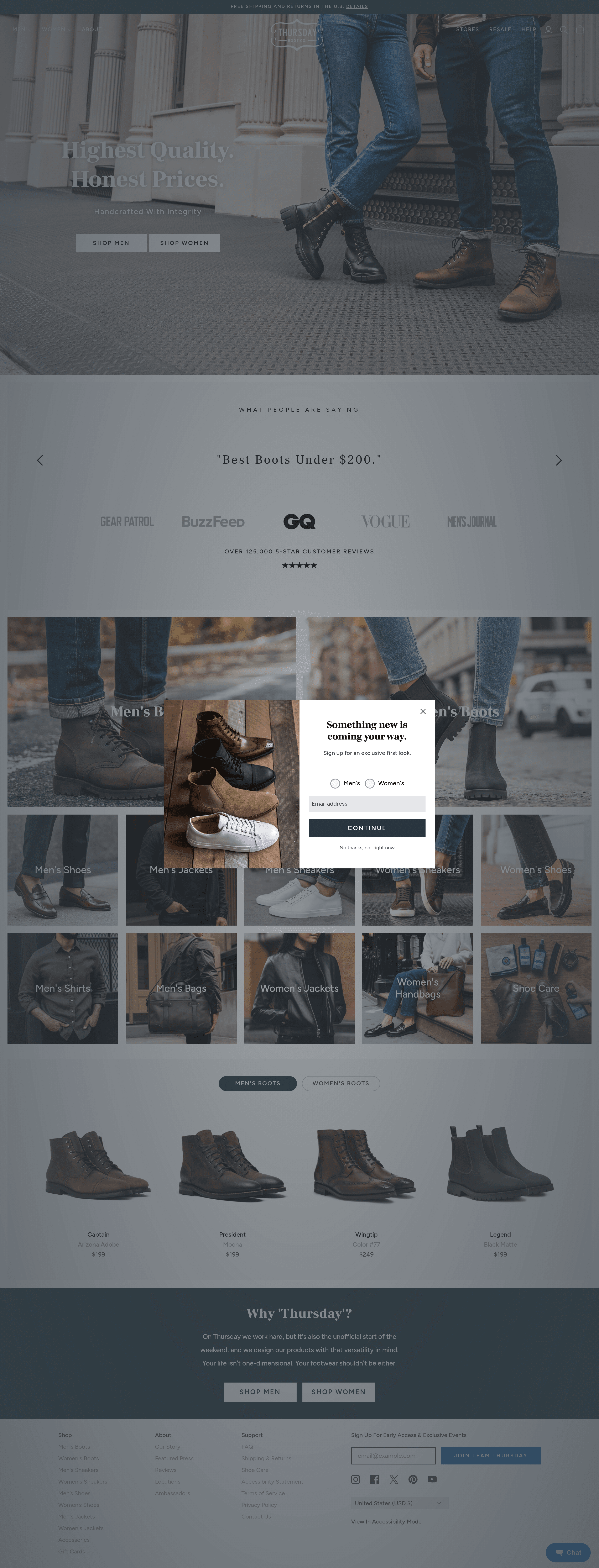 Thursday Boots landing page screenshot