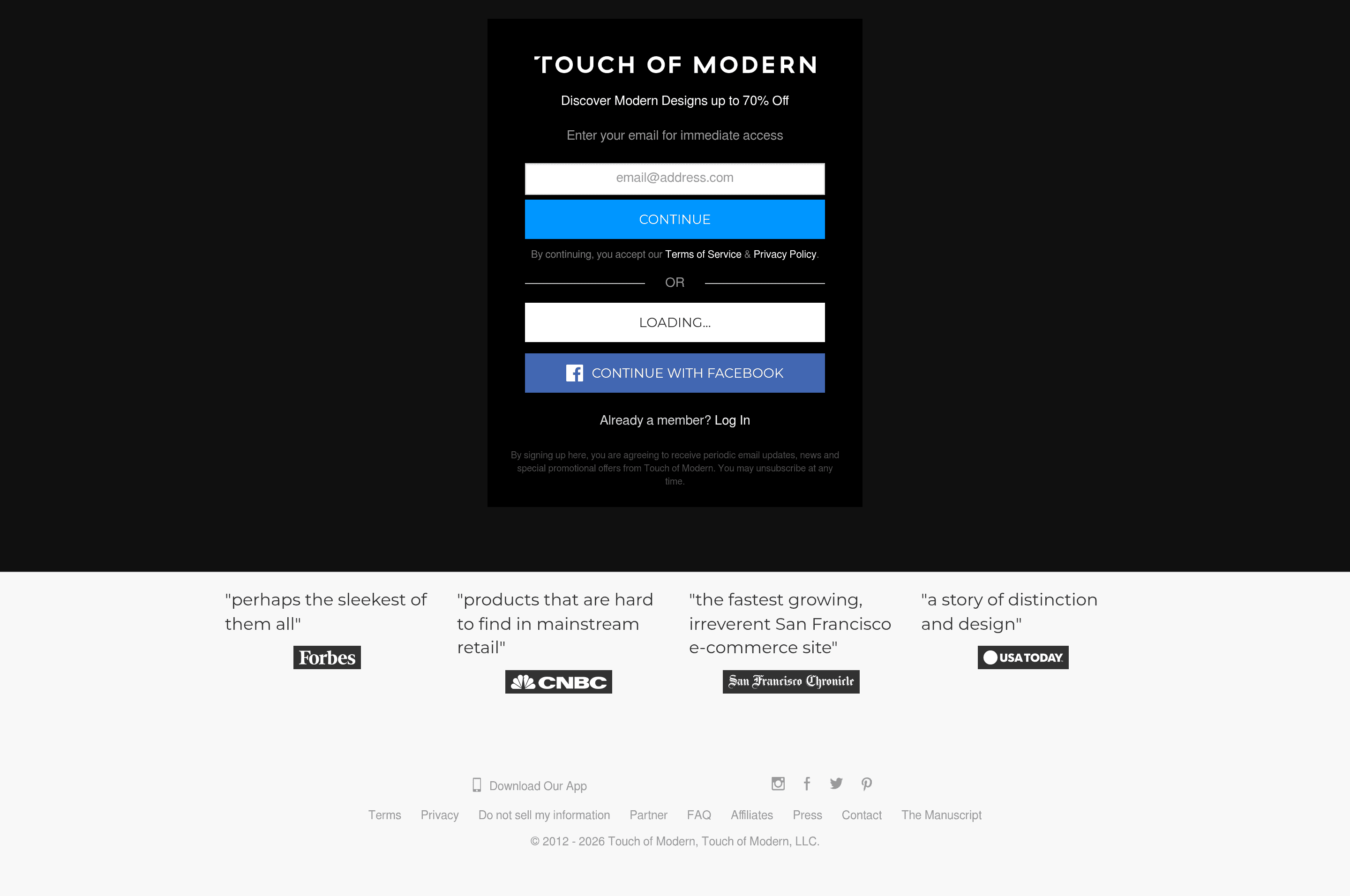 Touchofmodern landing page screenshot