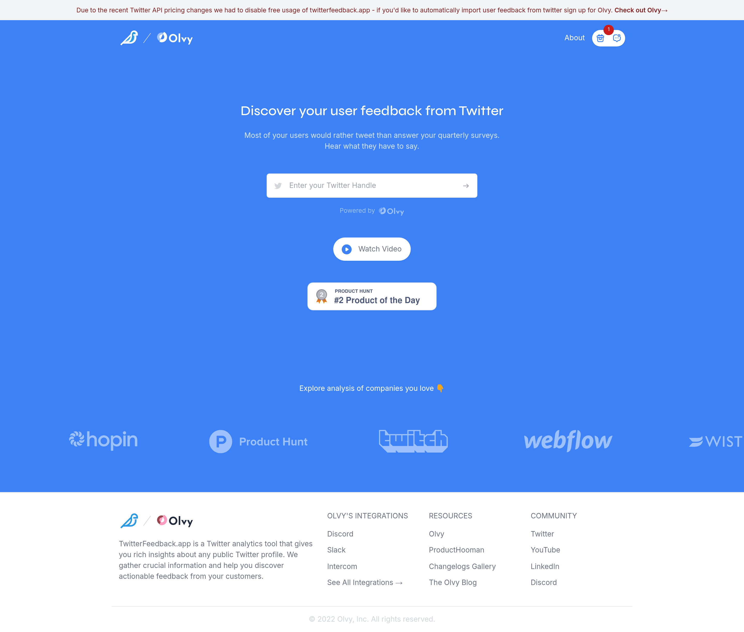 TwitterFeedback.app landing page screenshot
