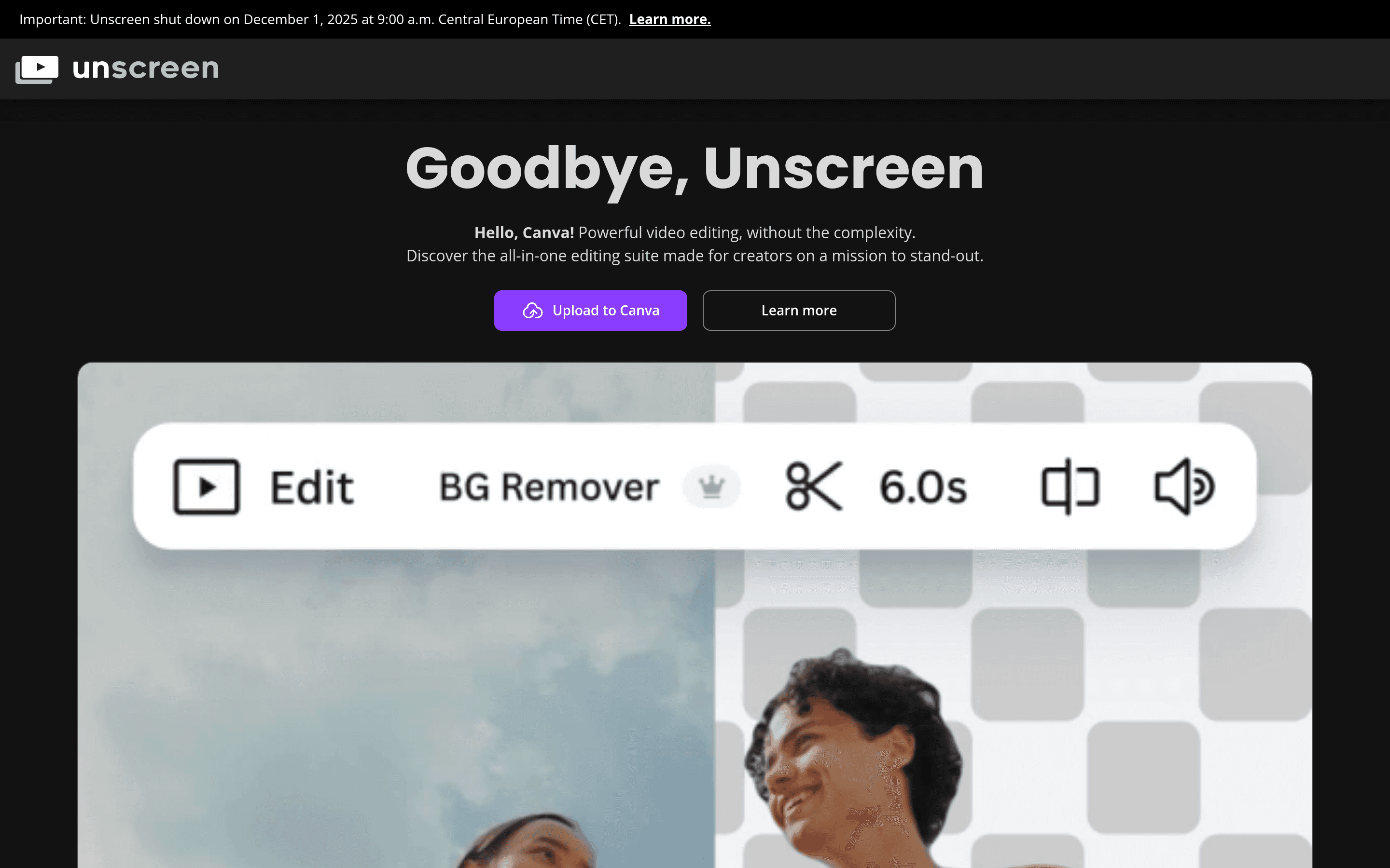 Unscreen landing page screenshot