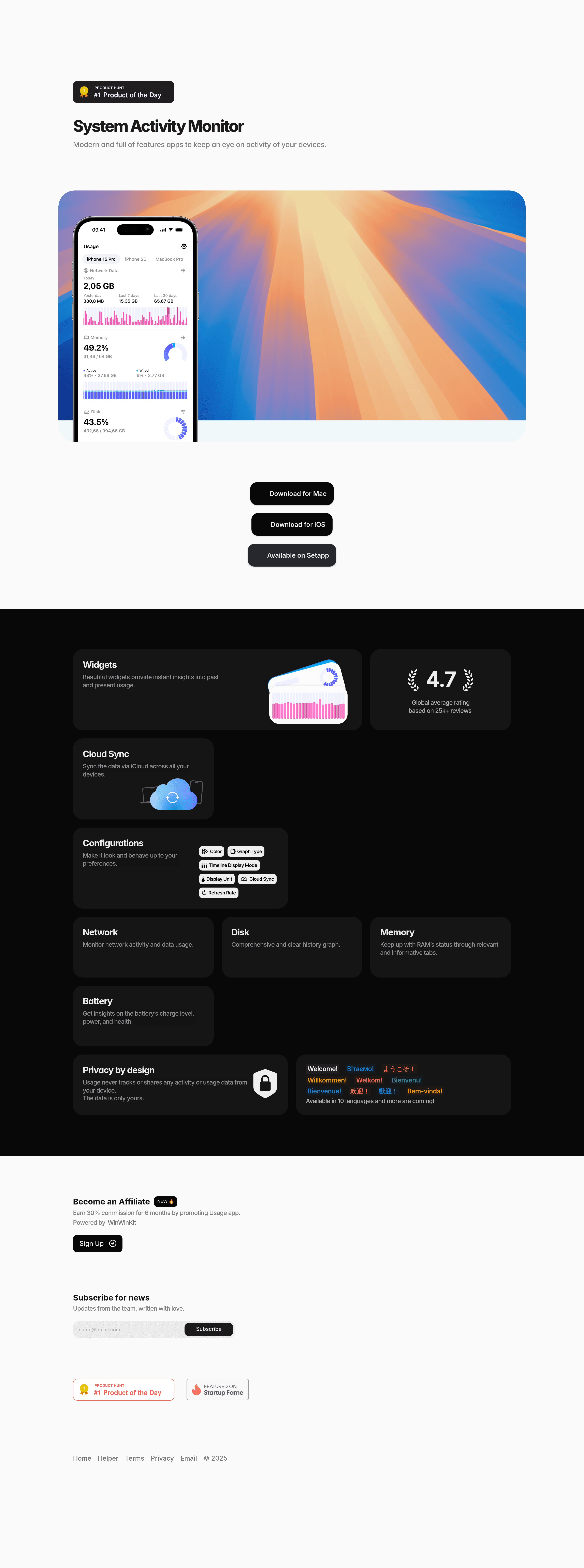 Usage landing page screenshot