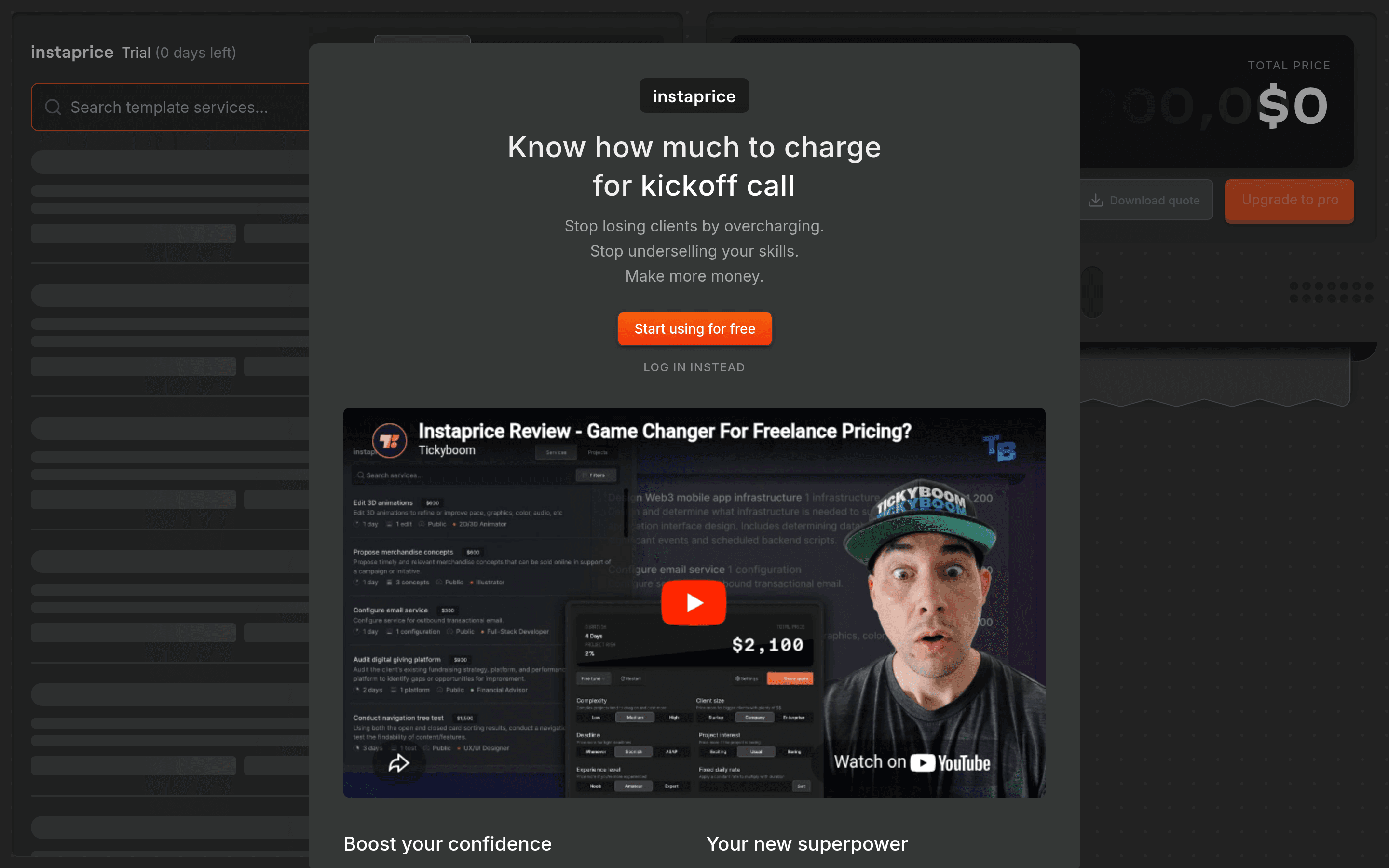 instaprice landing page screenshot