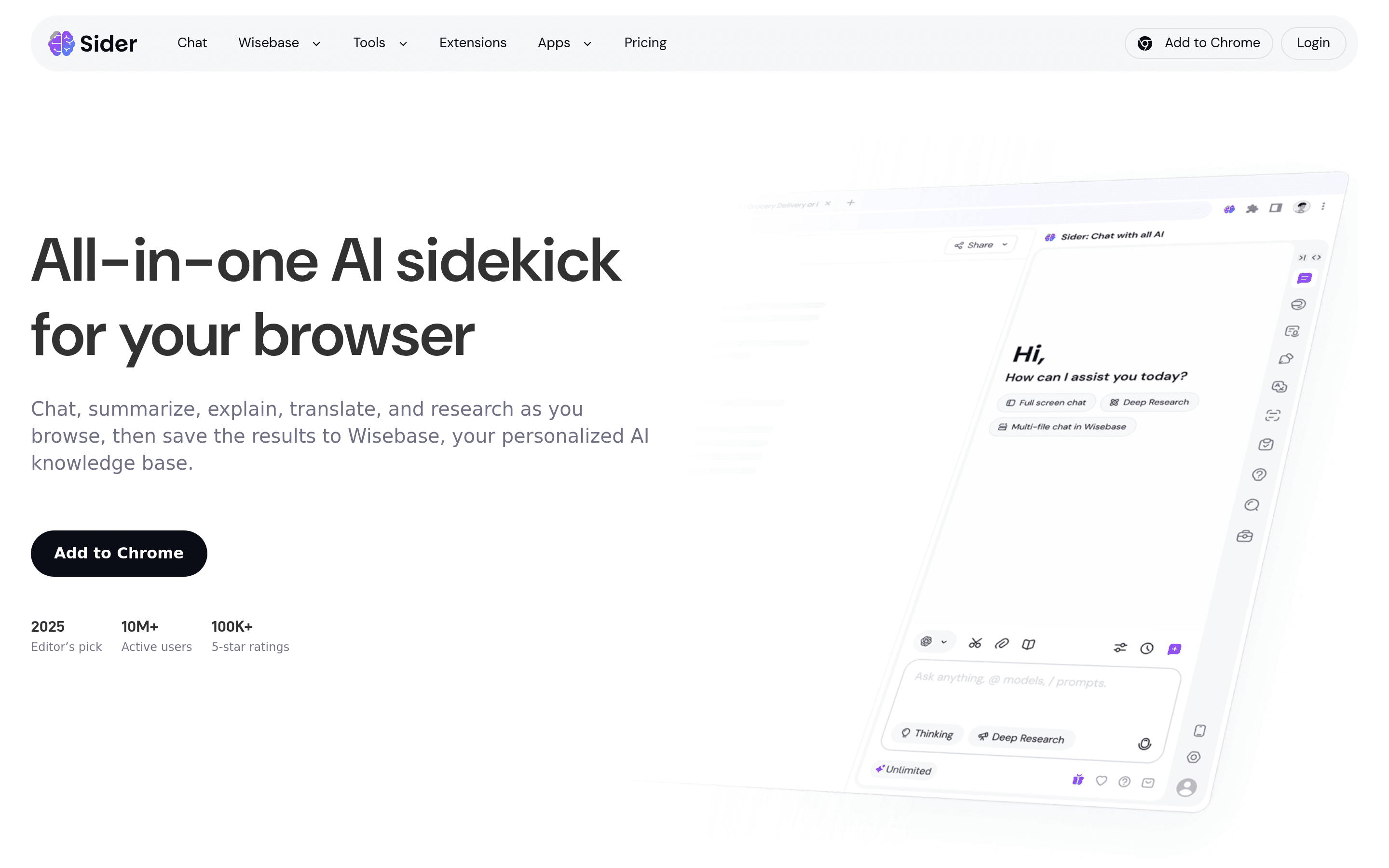 Sider 5.0: Deep Research with Wisebase landing page screenshot