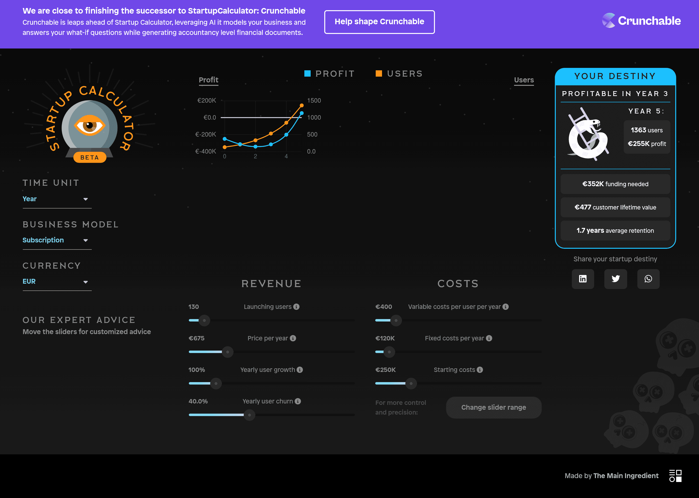 Startup Calculator landing page screenshot